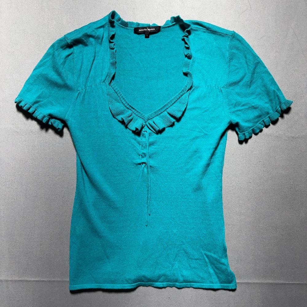 Nanette Lepore Teal Blue Ruffle V-Neck Lace Up Short Sleeve Knit Top Small